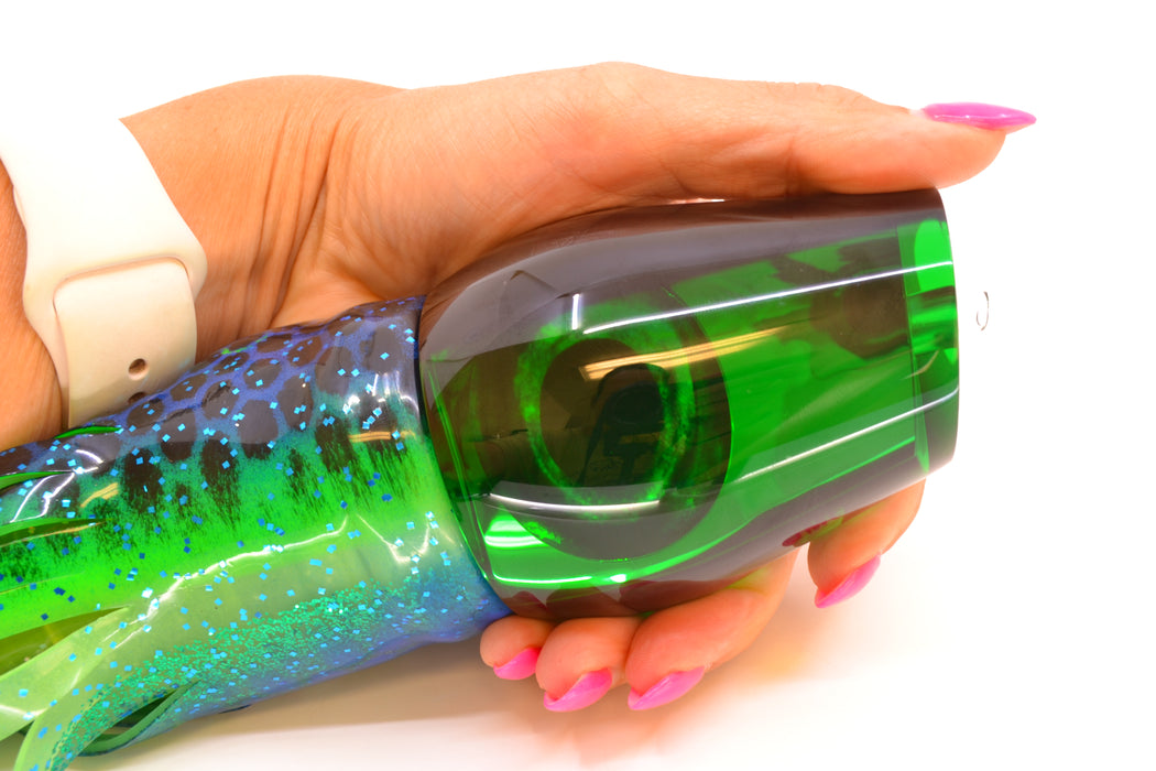 Moyes Lures Green Mirrored Black Back XL Sumo 16" 20.5oz Skirted Black Dots-Blue Dots