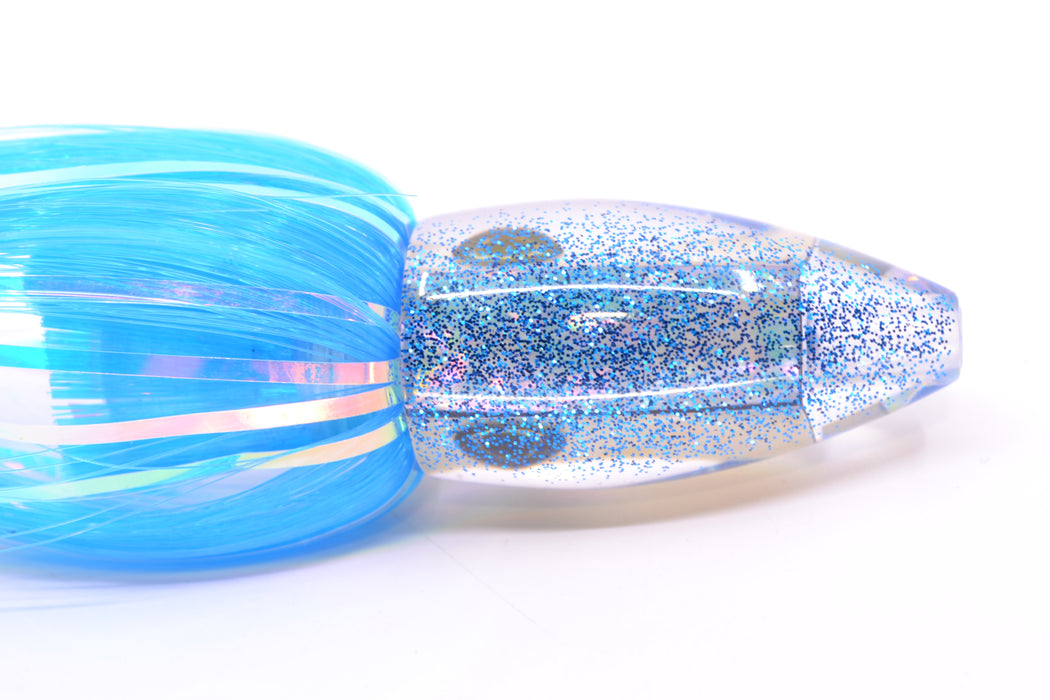 Moyes Lures White MOP Blue Glitter Back Poon 5" 1.3oz Skirted Ice Blue-White Hair