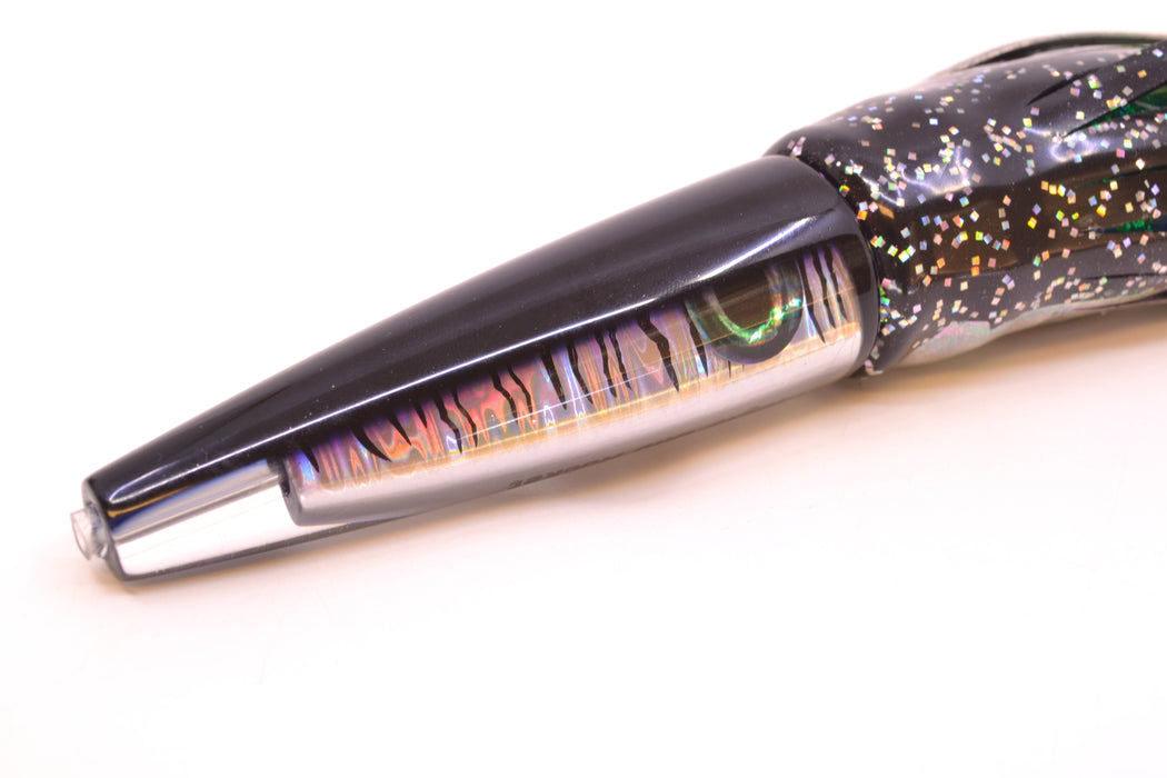 Moyes Lures Black Mackerel Taxi Eyes Ono Rocket 9" 8oz Skirted Black Aurora/Blue-Green