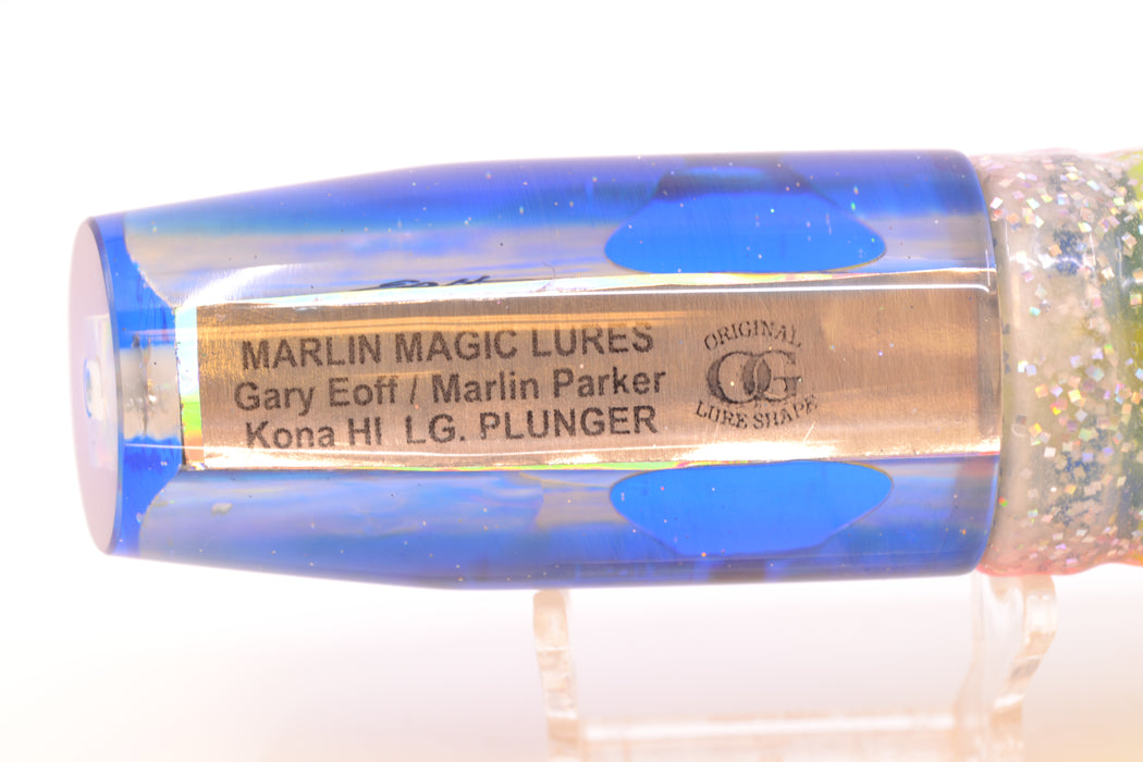 Marlin Magic White Awabi Blue Back Taxi Eyes Large Plunger 12" 9oz Skirted Holo w/ Blue Bars