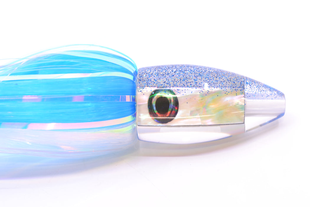 Moyes Lures White MOP Blue Glitter Back Poon 5" 1.3oz Skirted Ice Blue-White Hair
