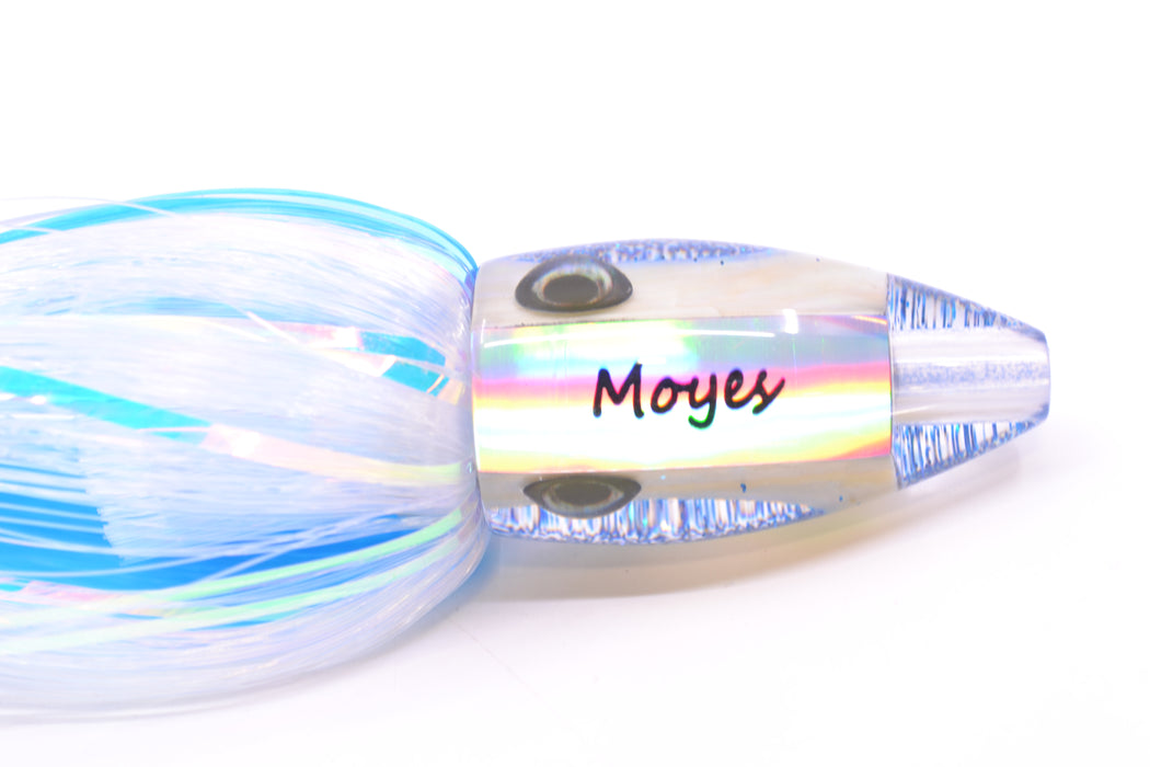 Moyes Lures White MOP Blue Glitter Back Poon 5" 1.3oz Skirted Ice Blue-White Hair
