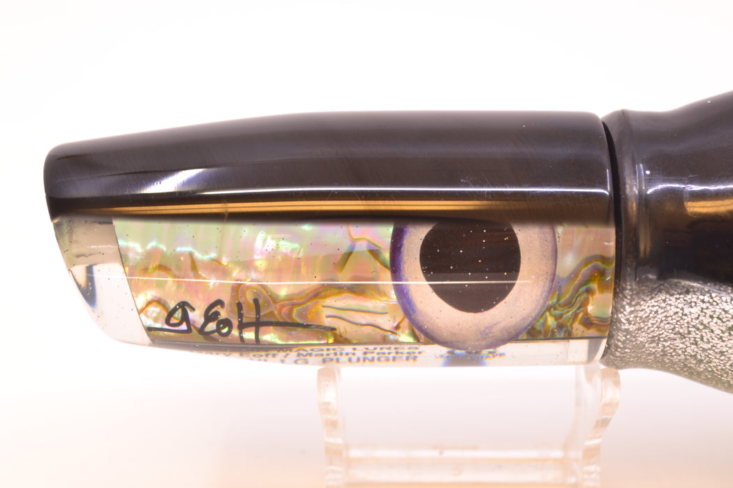 Marlin Magic White Abalone Black Back Taxi Eyes Large Plunger 12" 9oz Skirted Black-Silver