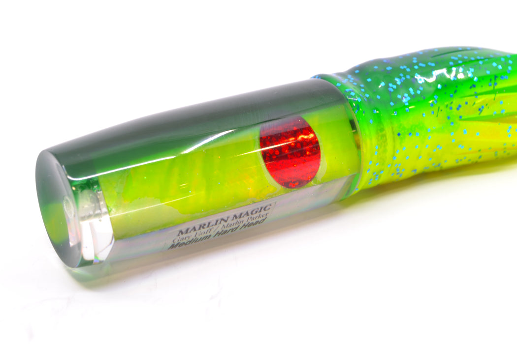 Marlin Magic Lime MOP Green Back Red Eyes Medium Hard Head 9" 5oz Skirted Mahi