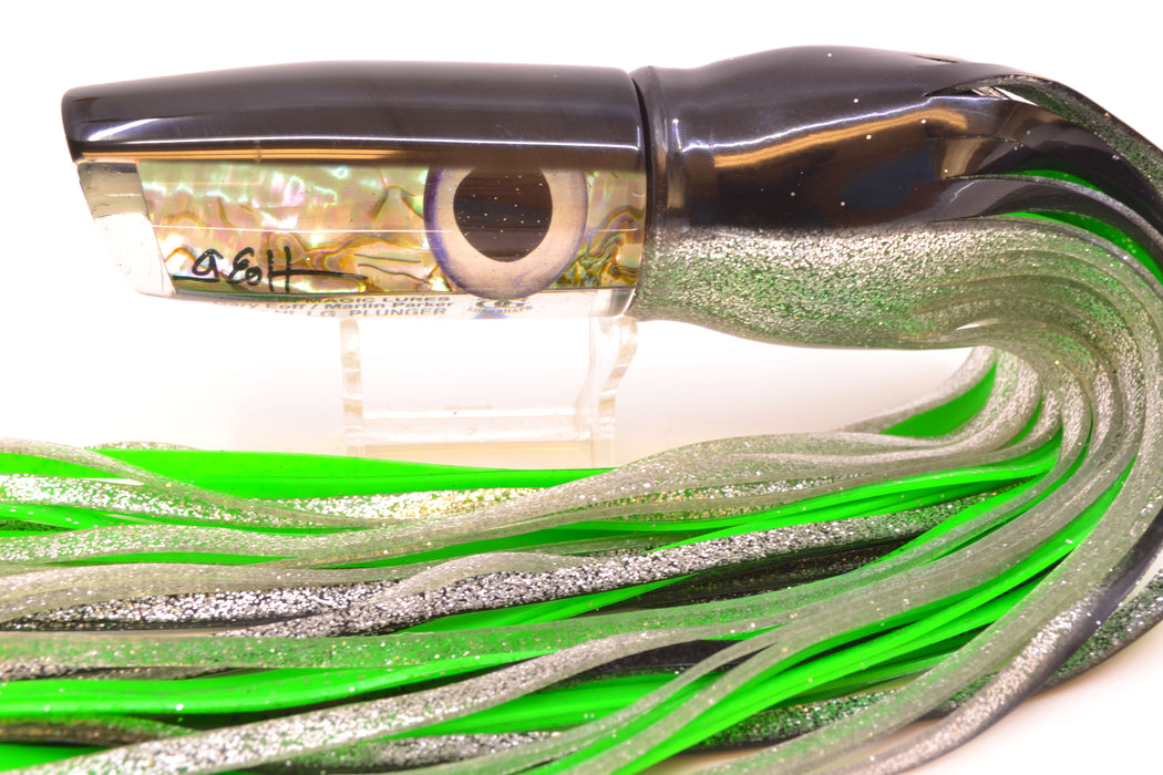 Marlin Magic White Abalone Black Back Taxi Eyes Large Plunger 12" 9oz Skirted Black-Silver