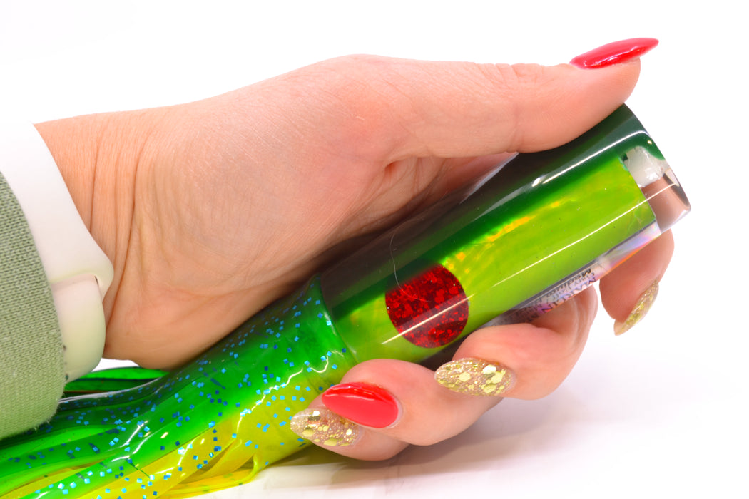 Marlin Magic Lime MOP Green Back Red Eyes Medium Hard Head 9" 5oz Skirted Mahi