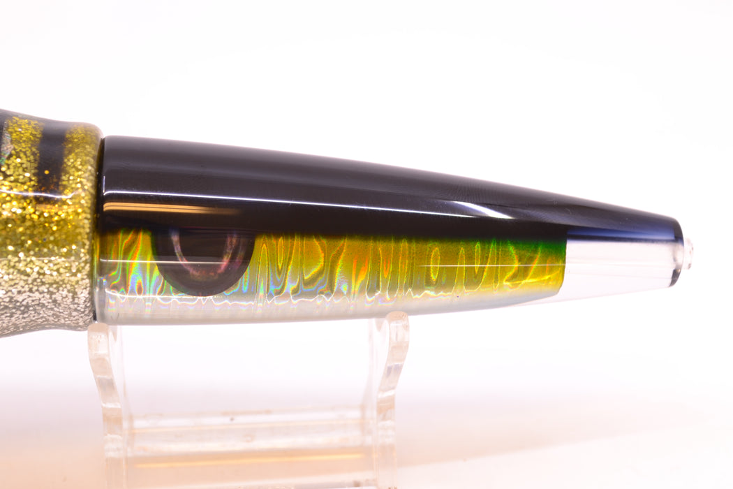 Moyes Lures Yellow-Silver Aurora Black Back Ono Rocket 9" 8oz Skirted Yellow Aurora