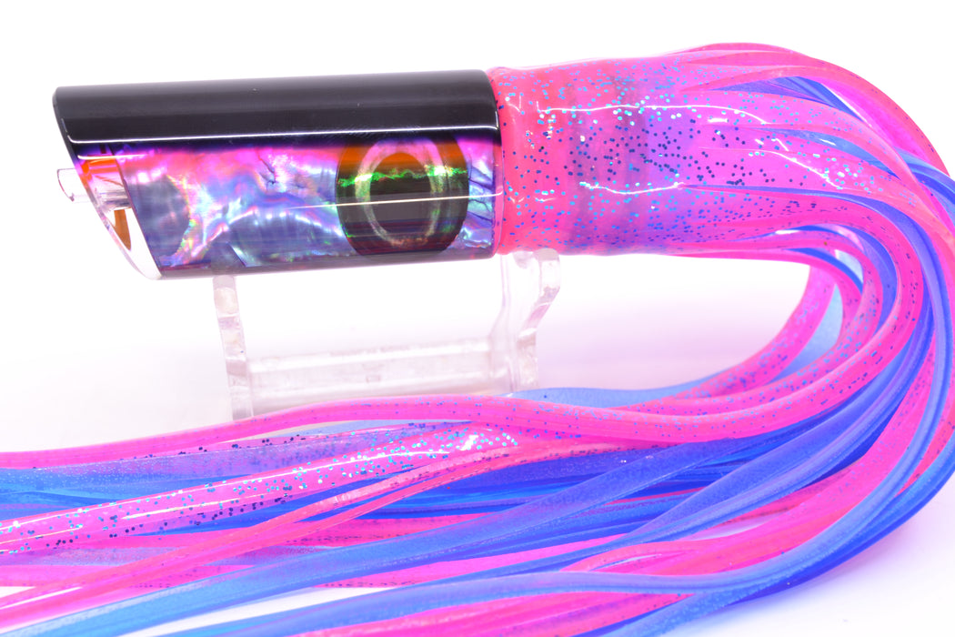 Moyes Lures Rainbow MOP Black-Pink Back Small Pipe Bomb 9" 4oz Skirted Pink/Blue