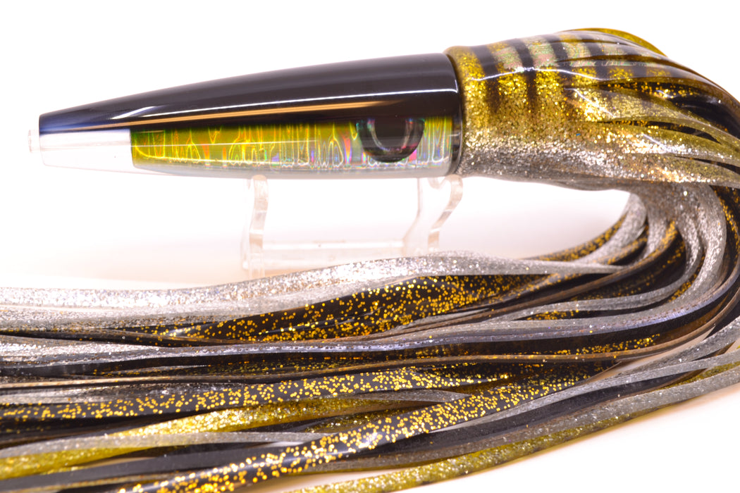 Moyes Lures Yellow-Silver Aurora Black Back Ono Rocket 9" 8oz Skirted Yellow Aurora