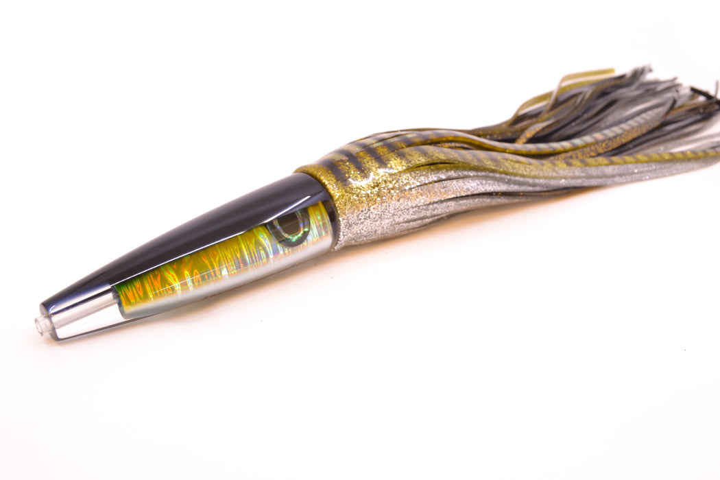 Moyes Lures Yellow-Silver Aurora Black Back Ono Rocket 9" 8oz Skirted Yellow Aurora