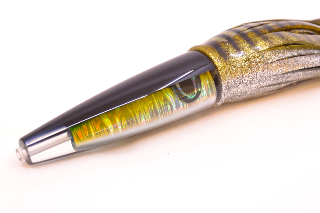 Moyes Lures Yellow-Silver Aurora Black Back Ono Rocket 9" 8oz Skirted Yellow Aurora