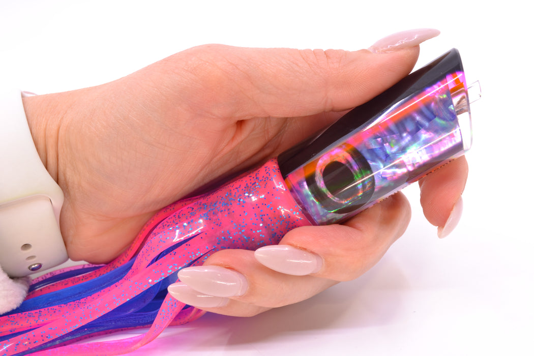 Moyes Lures Rainbow MOP Black-Pink Back Small Pipe Bomb 9" 4oz Skirted Pink/Blue