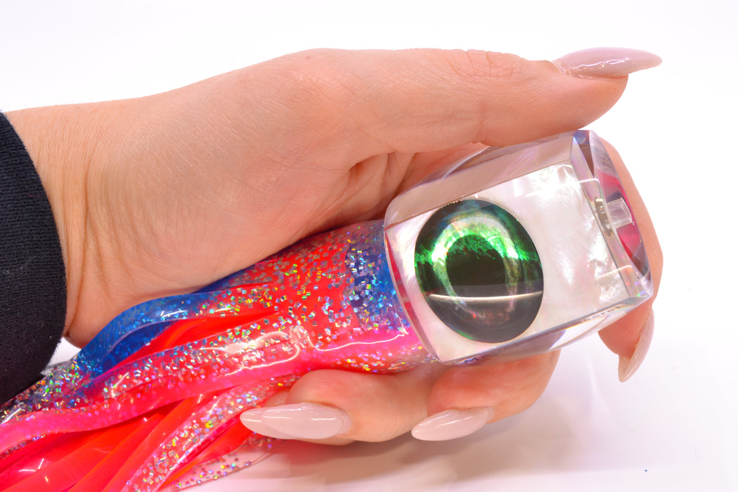 Moyes Lures White MOP Taxi Eyes Large Secret 12" 6.5oz Skirted Holo with Blue Bars/Pink GZE