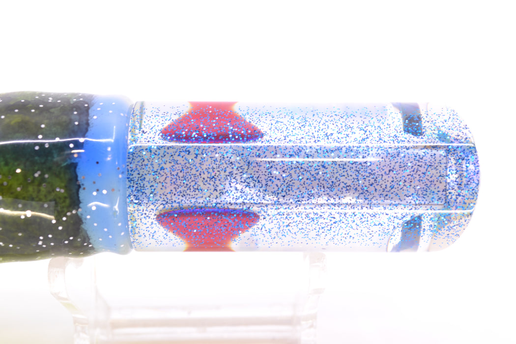 Moyes Lures White MOP Blue Glitter Back Small Pipe Bomb 9" 4oz Skirted Fruit Salad