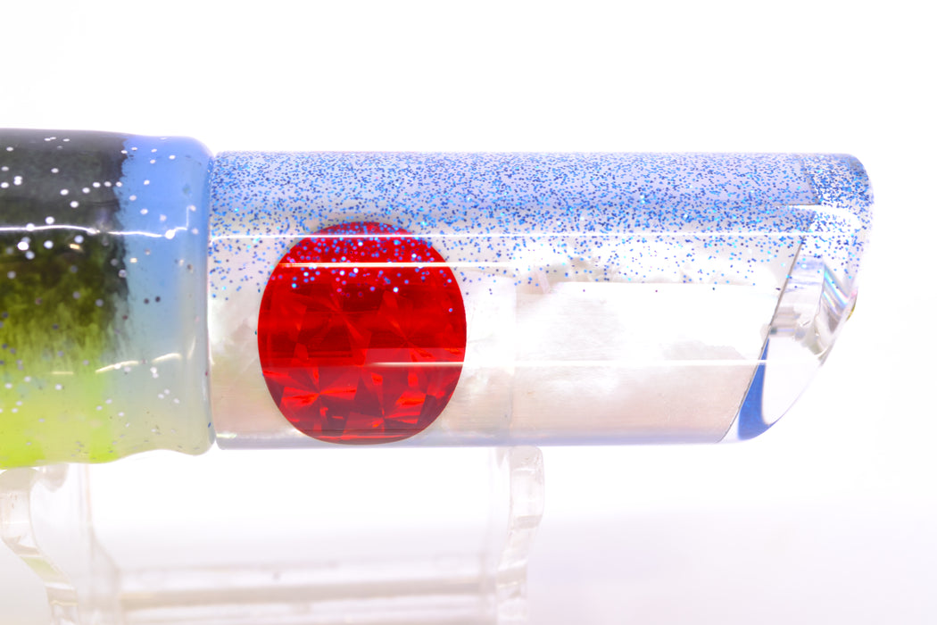 Moyes Lures White MOP Blue Glitter Back Small Pipe Bomb 9" 4oz Skirted Fruit Salad