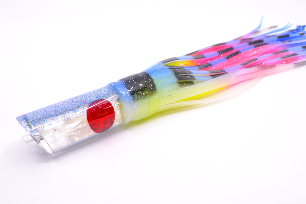 Moyes Lures White MOP Blue Glitter Back Small Pipe Bomb 9" 4oz Skirted Fruit Salad