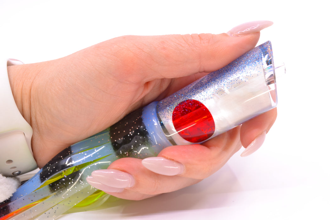 Moyes Lures White MOP Blue Glitter Back Small Pipe Bomb 9" 4oz Skirted Fruit Salad