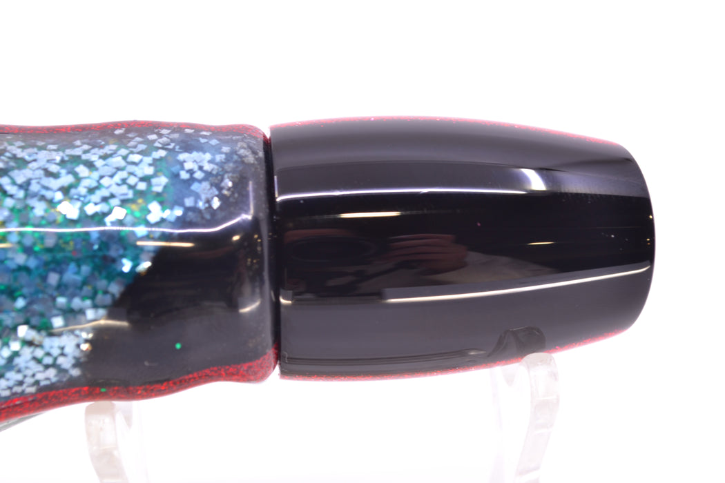 Moyes Lures Rainbow MOP Black-Red Back Taxi Eyes Small J-Boy 9" 3.5oz Skirted Evil