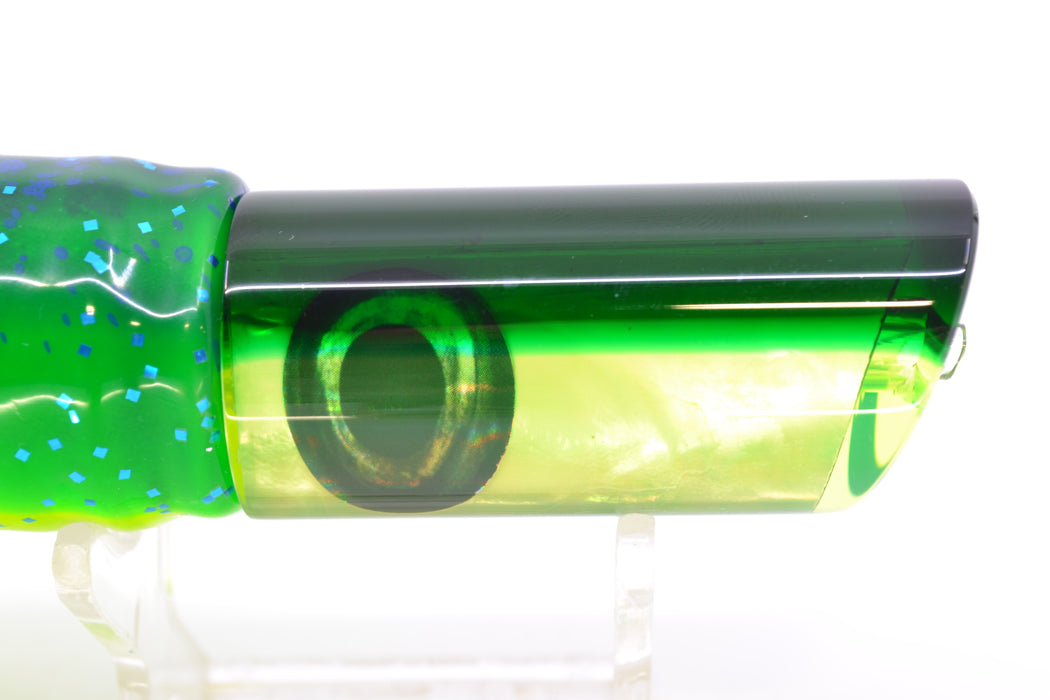 Moyes Lures Chartreuse MOP Green Back Taxi Eyes Small Pipe Bomb 9" 4oz Skirted Mahi