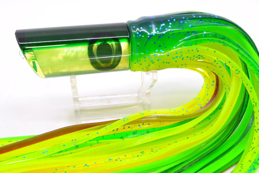 Moyes Lures Chartreuse MOP Green Back Taxi Eyes Small Pipe Bomb 9" 4oz Skirted Mahi