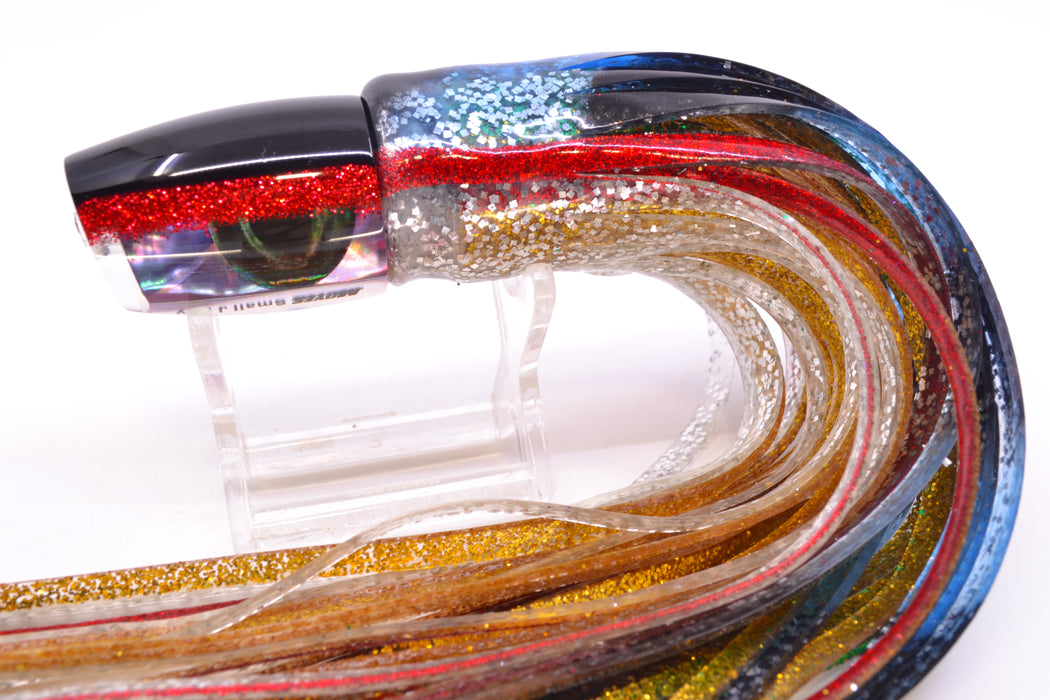 Moyes Lures Rainbow MOP Black-Red Back Taxi Eyes Small J-Boy 9" 3.5oz Skirted Evil