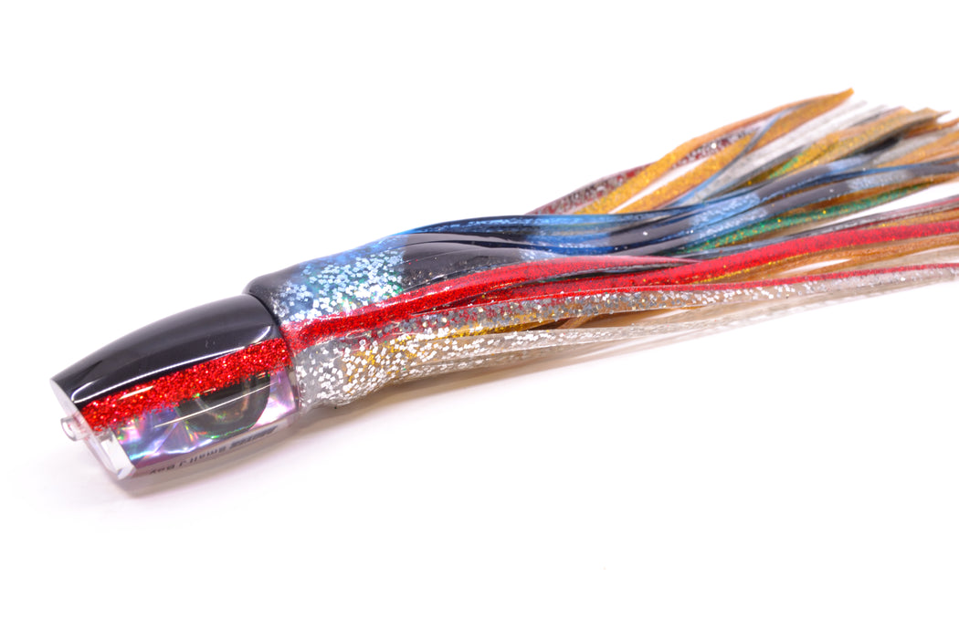 Moyes Lures Rainbow MOP Black-Red Back Taxi Eyes Small J-Boy 9" 3.5oz Skirted Evil