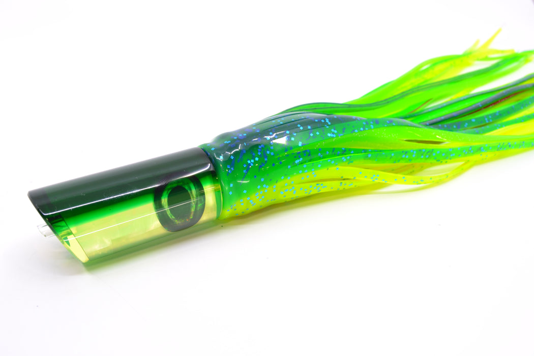 Moyes Lures Chartreuse MOP Green Back Taxi Eyes Small Pipe Bomb 9" 4oz Skirted Mahi