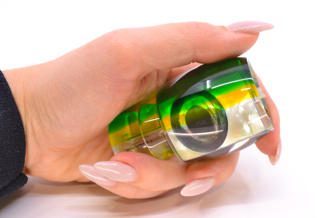 Moyes Lures White MOP Green-Yellow Back Taxi Eyes Large Secret 12" 3oz GZE