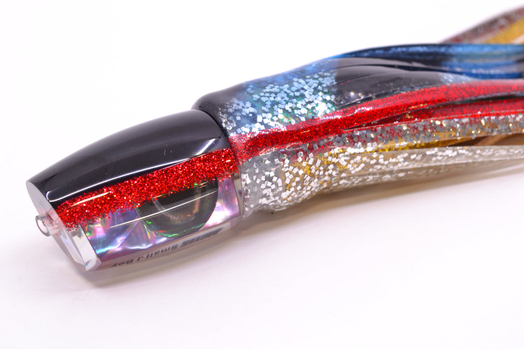 Moyes Lures Rainbow MOP Black-Red Back Taxi Eyes Small J-Boy 9" 3.5oz Skirted Evil