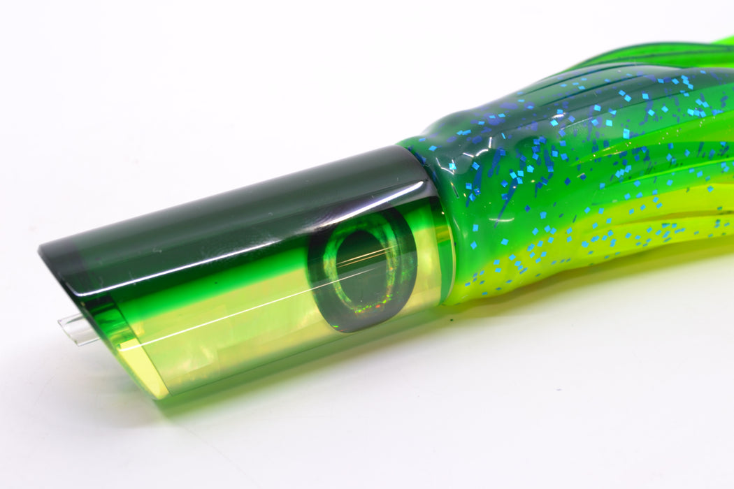 Moyes Lures Chartreuse MOP Green Back Taxi Eyes Small Pipe Bomb 9" 4oz Skirted Mahi