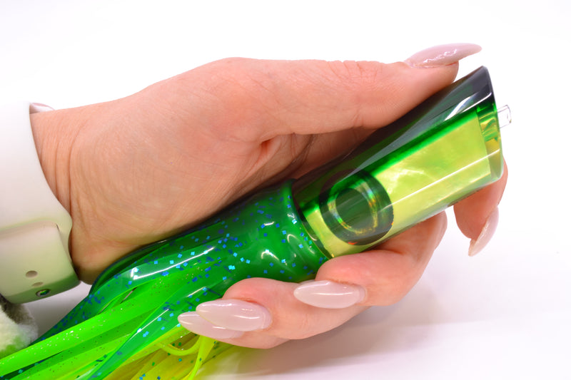 Moyes Lures Chartreuse MOP Green Back Taxi Eyes Small Pipe Bomb 9" 4oz Skirted Mahi