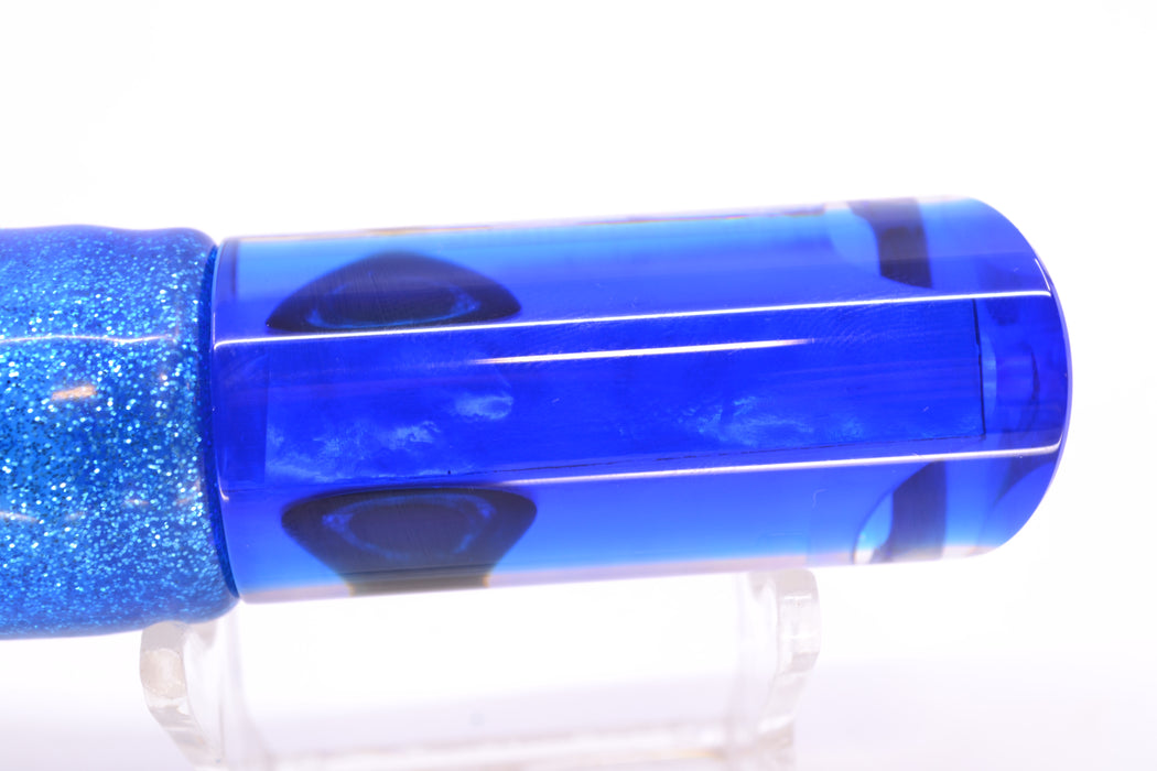 Moyes Lures White MOP Blue Back Taxi Eyes Small Pipe Bomb 9" 4oz Skirted Blue-Silver