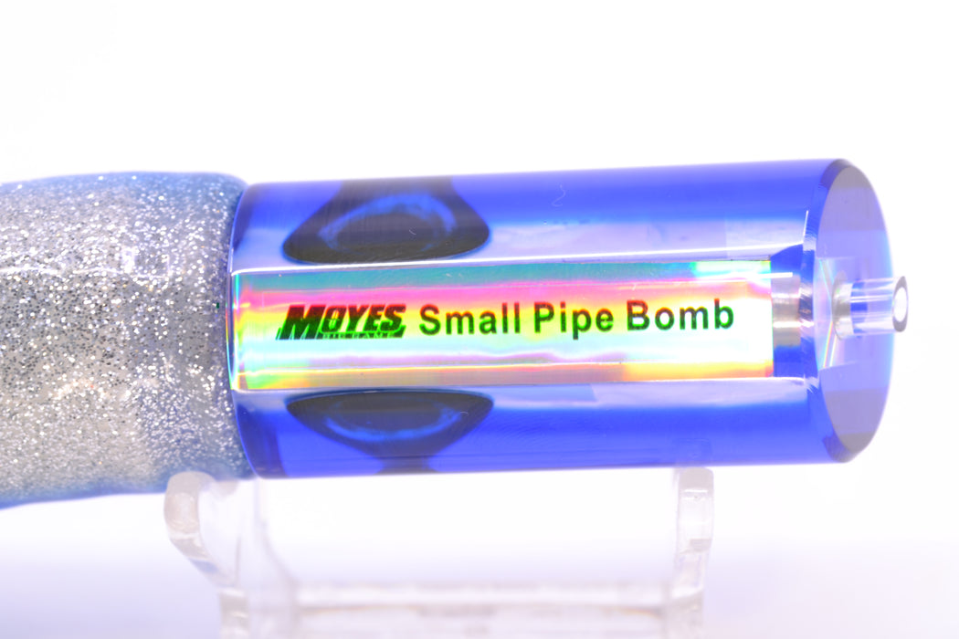 Moyes Lures White MOP Blue Back Taxi Eyes Small Pipe Bomb 9" 4oz Skirted Blue-Silver