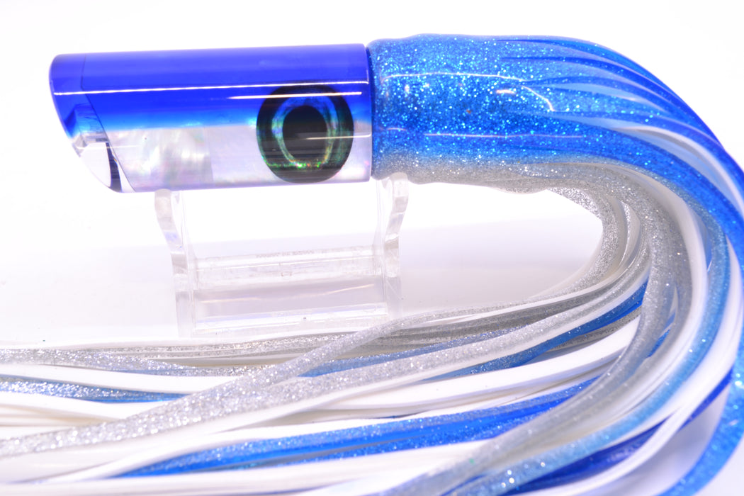 Moyes Lures White MOP Blue Back Taxi Eyes Small Pipe Bomb 9" 4oz Skirted Blue-Silver