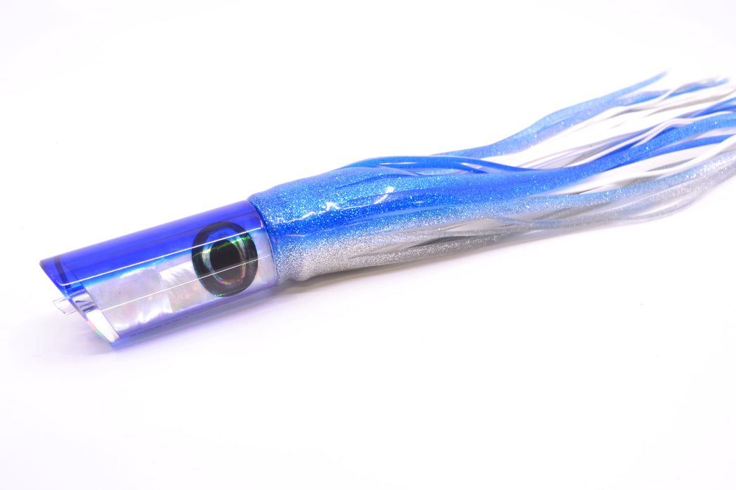 Moyes Lures White MOP Blue Back Taxi Eyes Small Pipe Bomb 9" 4oz Skirted Blue-Silver