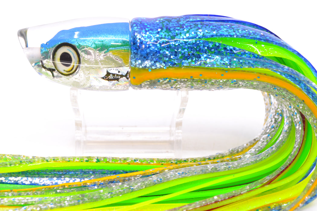 Aloha Lures Ice Blue-Green Back Malolo Dink Bait 9" 3oz Skirted Blue-Yellow Stripe-Silver