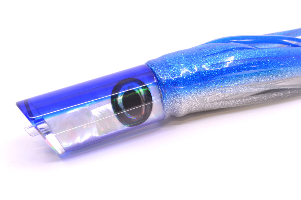 Moyes Lures White MOP Blue Back Taxi Eyes Small Pipe Bomb 9" 4oz Skirted Blue-Silver