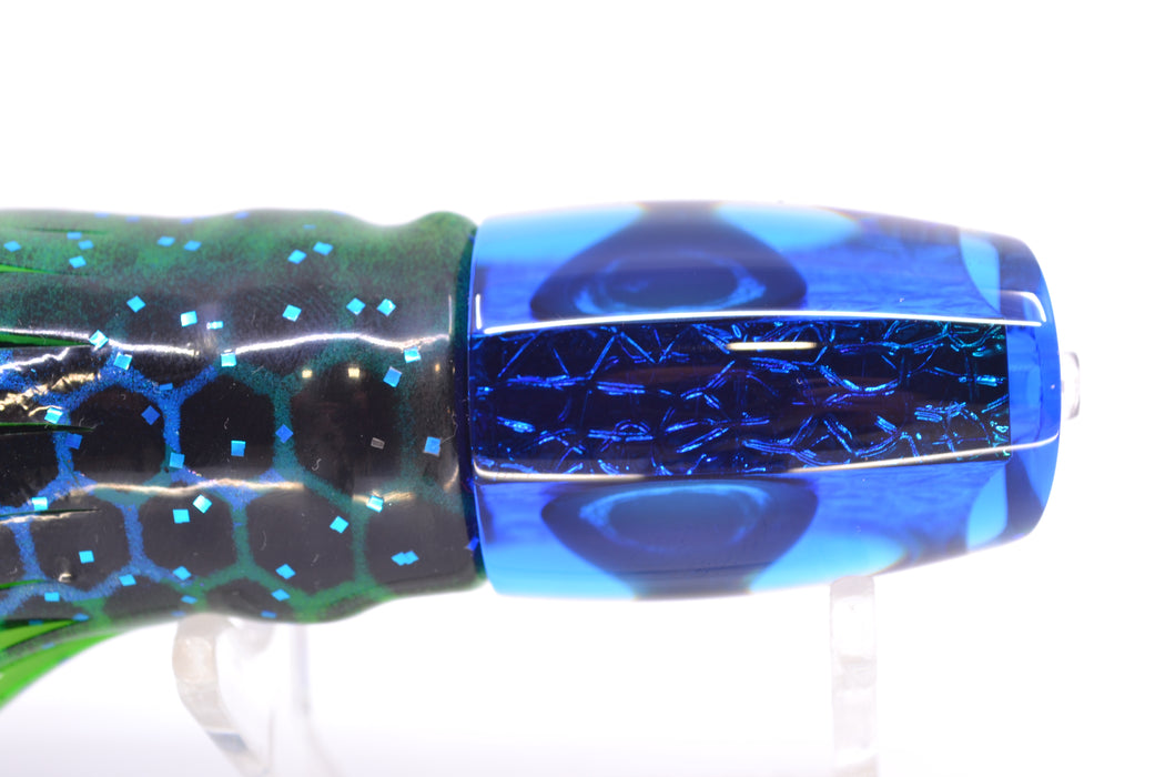 Moyes Lures Blue-Green Oil Slick Blue Back Taxi Eyes Small J-Boy 9" 3.5oz Skirted