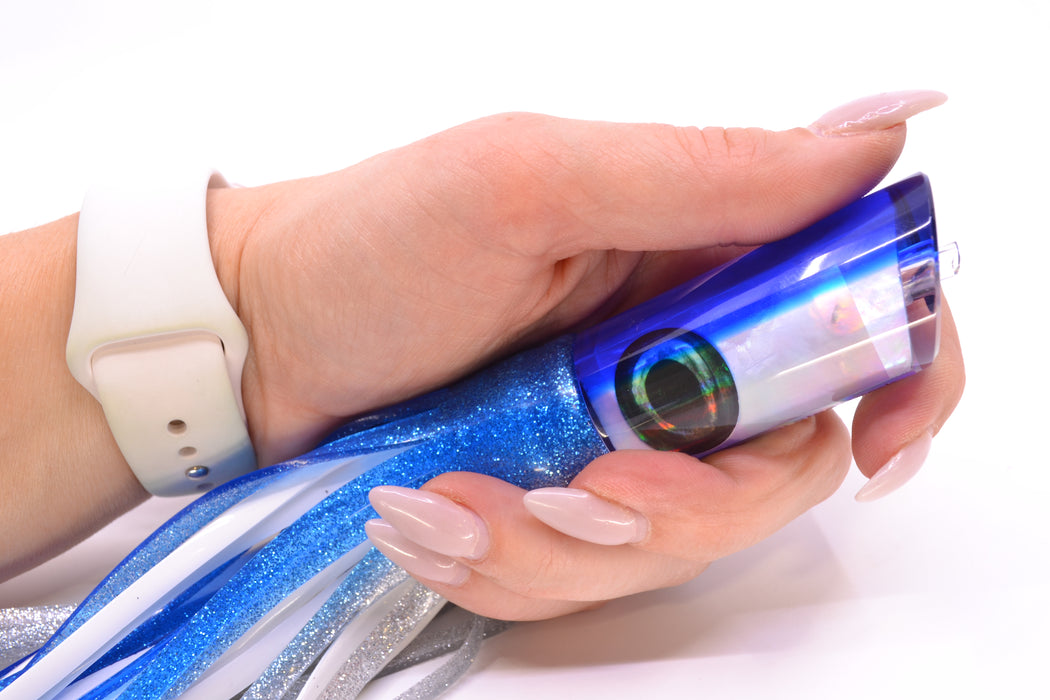 Moyes Lures White MOP Blue Back Taxi Eyes Small Pipe Bomb 9" 4oz Skirted Blue-Silver
