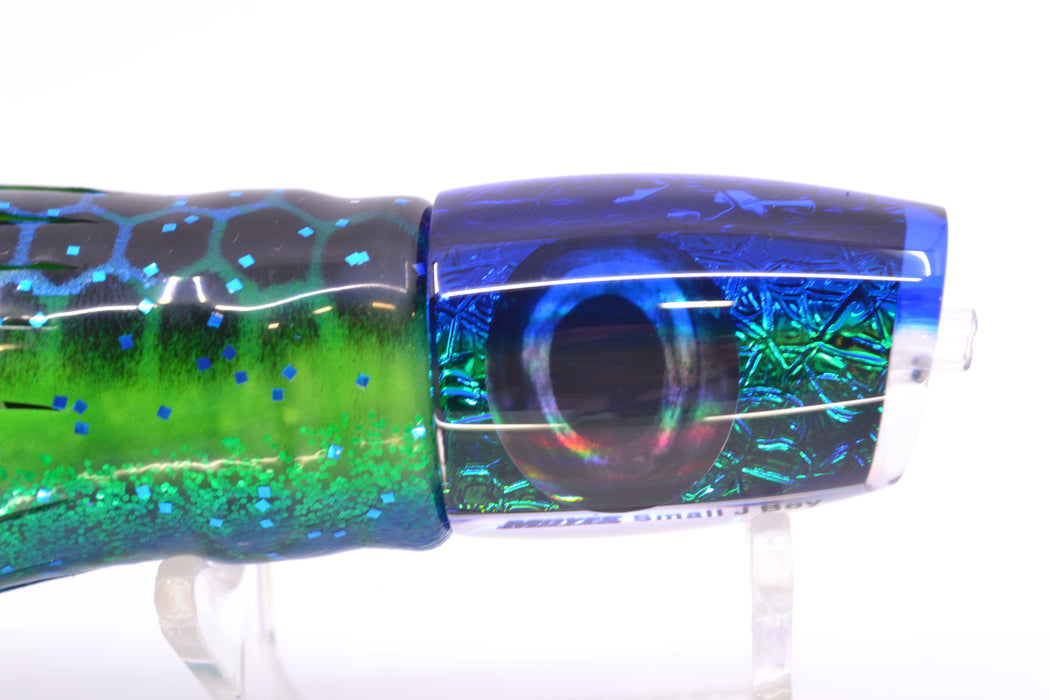 Moyes Lures Blue-Green Oil Slick Blue Back Taxi Eyes Small J-Boy 9" 3.5oz Skirted