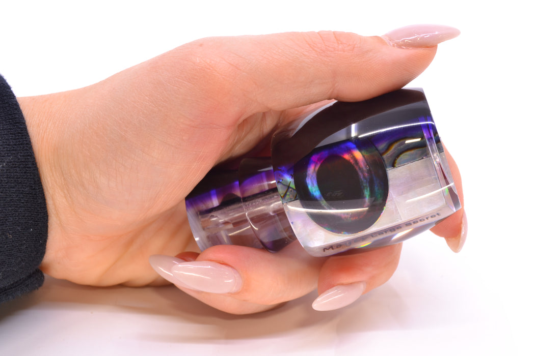 Moyes Lures Skipjack Paua-MOP Black-Purple Back Taxi Eyes Large Secret 12" 3oz GZE