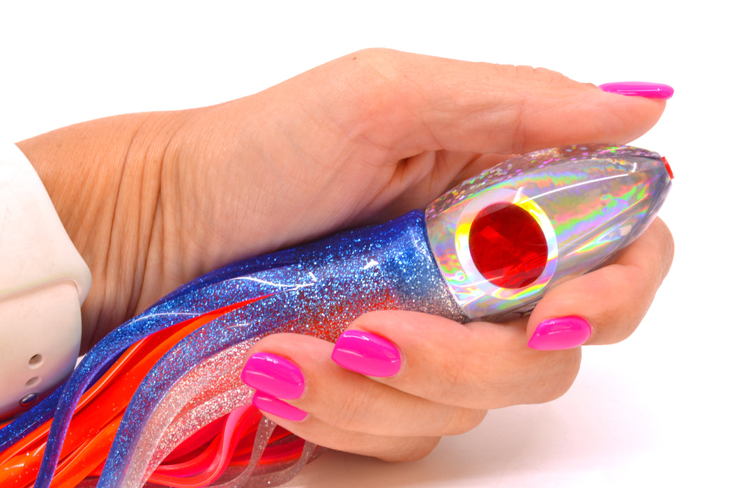 Aloha Lures Silver Rainbow Red-Silver Eyes Uncle Moe 9" 5oz Skirted Blue-Silver/Orange-Pink