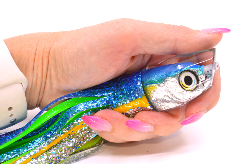 Aloha Lures Ice Blue-Green Back Malolo Dink Bait 9" 3oz Skirted Blue-Yellow Stripe-Silver