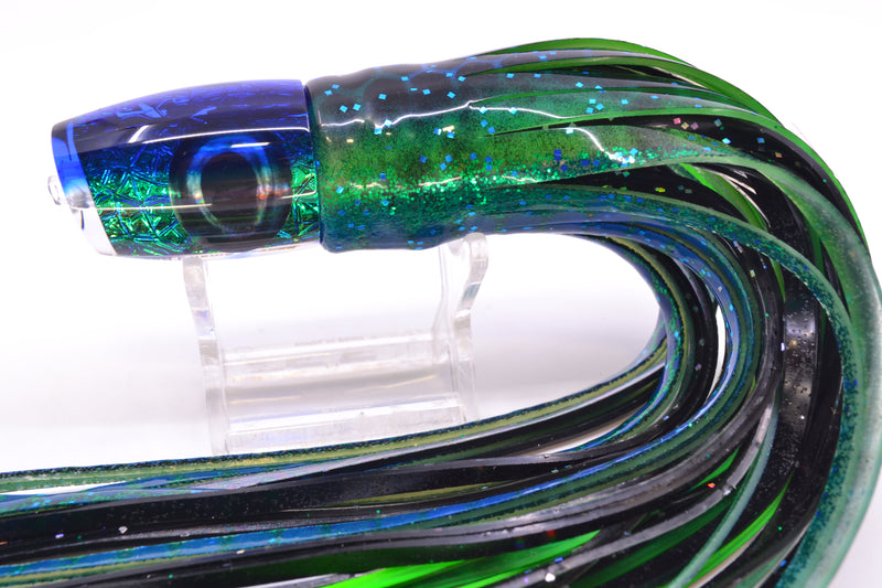 Moyes Lures Blue-Green Oil Slick Blue Back Taxi Eyes Small J-Boy 9" 3.5oz Skirted