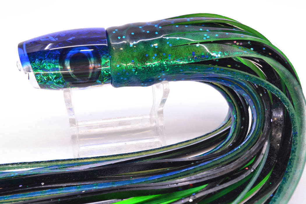 Moyes Lures Blue-Green Oil Slick Blue Back Taxi Eyes Small J-Boy 9" 3.5oz Skirted