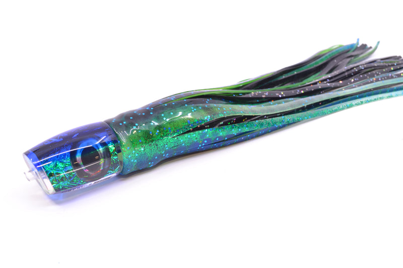 Moyes Lures Blue-Green Oil Slick Blue Back Taxi Eyes Small J-Boy 9" 3.5oz Skirted