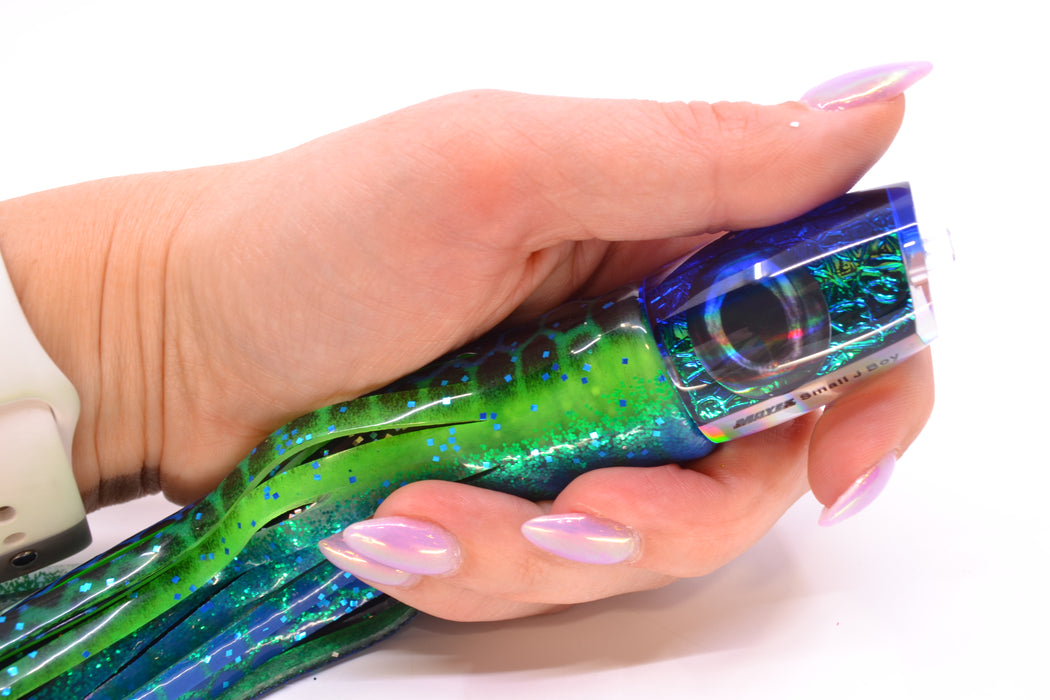 Moyes Lures Blue-Green Oil Slick Blue Back Taxi Eyes Small J-Boy 9" 3.5oz Skirted