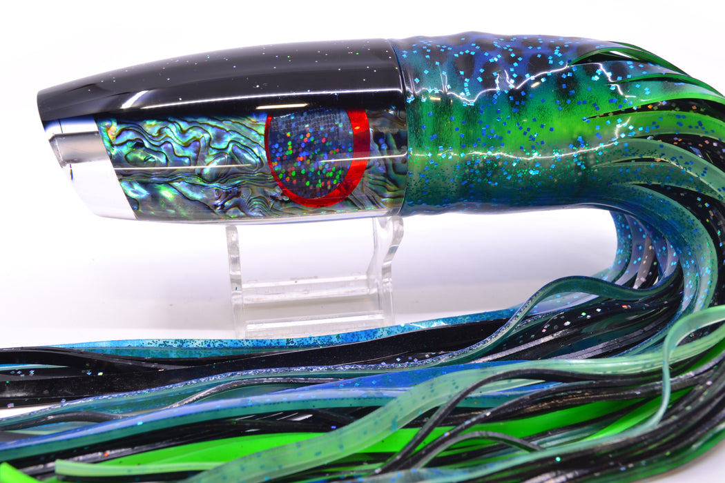 TANTRUM Lures Paua Shell Black Back XL Plunger 14" 12oz Skirted Black Dots-Blue Dots GZE