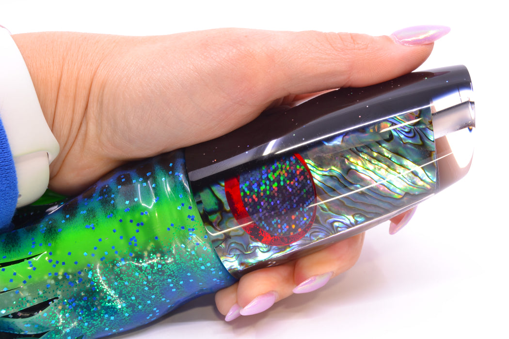 TANTRUM Lures Paua Shell Black Back XL Plunger 14" 12oz Skirted Black Dots-Blue Dots GZE