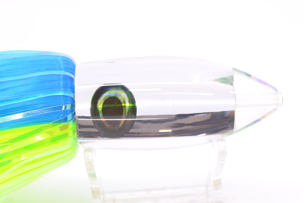 Moyes Lures Clear Mirrored Medium Ono Bullet 9" 5.5oz Skirted Ice Blue-Chartreuse Hair